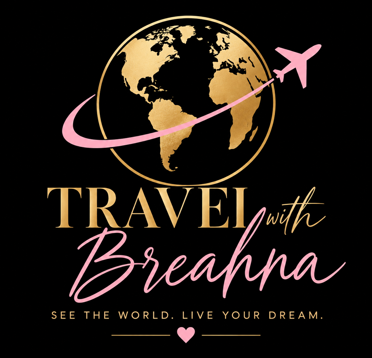 Travel with Breahna pink and gold globe logo